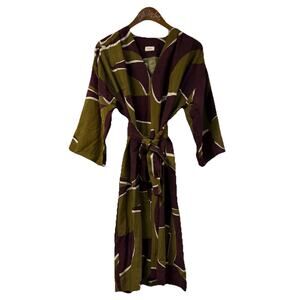 Kitan Dress Green Purple Floral Kaftan Style Pullover Tie Waist OS